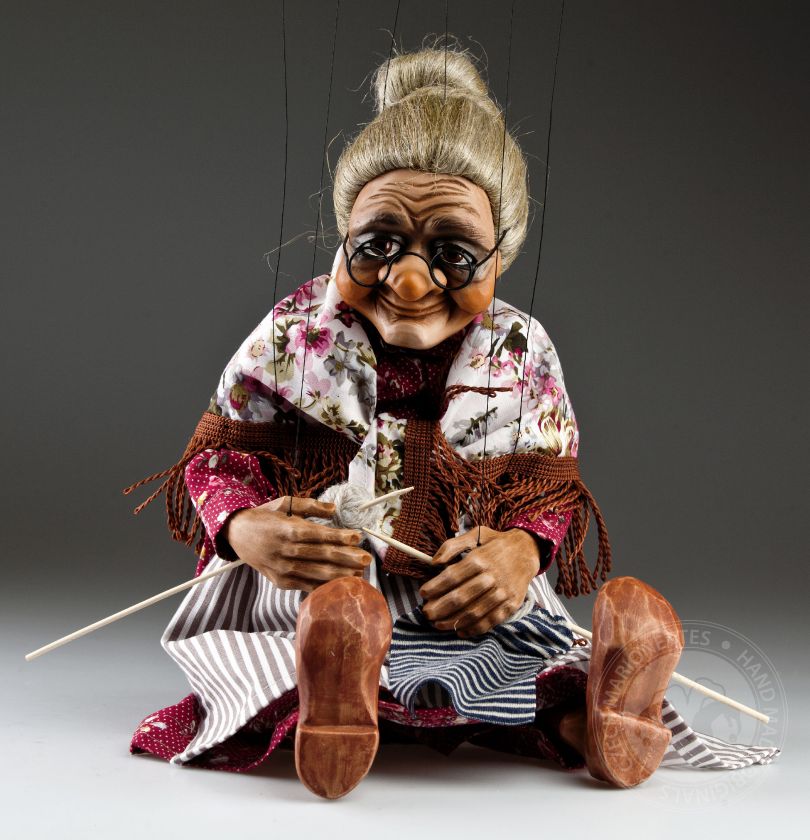 Grandmother with knitting - cute decorative marionette